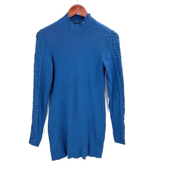 White House Black Market Teal Blue Ribbed Turtleneck Sweater Mini Dress - Picture 1 of 5